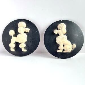 Vintage Danish Chalkware Two White Poodle Round Wall Plaques MCM Decor